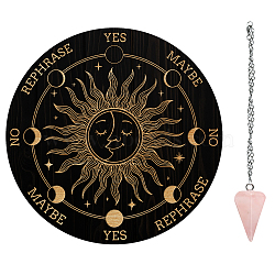 AHADEMAKER 1Pc Cone/Spike/Pendulum Natural Rose Quartz Stone Pendants, 1Pc 304 Stainless Steel Cable Chain Necklaces, 1Pc PVC Custom Pendulum Board, Dowsing Divination Board, Sun Pattern, Board: 200x4mm(DIY-GA0004-33A)