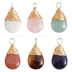 6Pcs 6 Styles Natural & Synthetic Gemstone Brass Pendants, Natural Rose Quartz & Green Aventurine & Tiger Eye & Amazonite, Synthetic Goldstone & Blue Goldstone, Teardrop, 24~26x13x8mm, Hole: 4~5x2~3mm, 1pc/style(G-SZ0002-11)