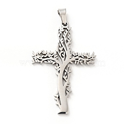 Non-Tarnish 201 Stainless Steel Pendants, Cross with Tree, Stainless Steel Color, 47x31.5x2mm, Hole: 6.5x4mm(X-STAS-E015-13P)