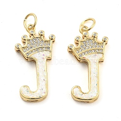 Brass Micro Pave Clear Cubic Zirconia Pendants, with Synthetic Opal, Real 18K Gold Plated, with Jump Ring, Letter J, 26.5~33x14~23.5x3.5~4.5mm, Hole: 4.5mm(KK-G498-01J-02)