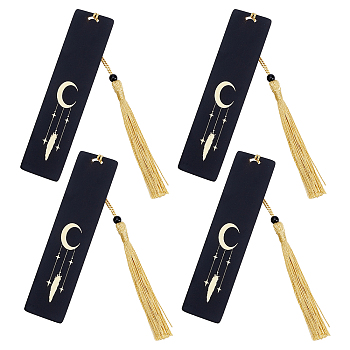Brass Bookmarks, with Polyester Tassel & Plastic Beads, Rectangle with Moon & Feather, Black, 250mm