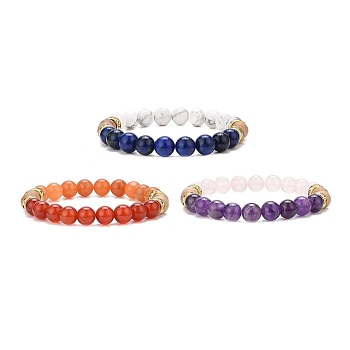 3Pcs 3 Style Natural Mixed Gemstone & Wood Round Beaded Stretch Bracelets Set for Woman, Mixed Color, Inner Diameter: 2-1/8 inch(5.4cm), 1Pc/style