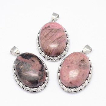 Natural Rhodonite Pendants, with Brass Findings, Oval, Platinum, 30x21x10~11mm, Hole: 6x4mm