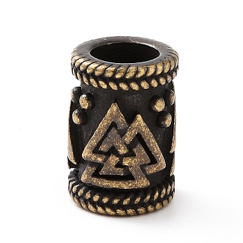 304 Stainless Steel European Beads, Large Hole Beads, Column with Valknut, Antique Bronze, 14x10mm, Hole: 6mm