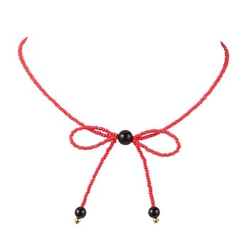 Glass Seed Pendant Necklaces for Women, Bowknot, Red, 15.94 inch(40.5cm)