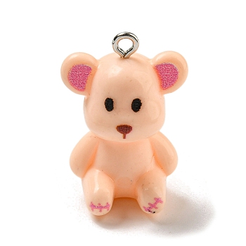 10Pcs Opaque Resin Pendants, Bear Charms with Platinum Plated Iron Loops, PeachPuff, 27.5x19x16.5mm, Hole: 2mm
