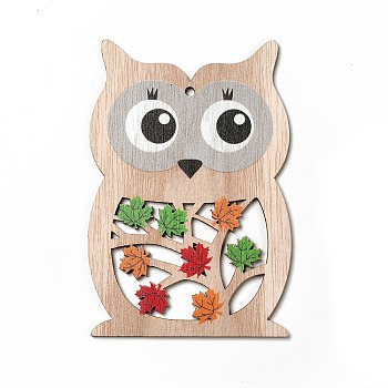Single Face Printed Wood Big Pendants, Autumn Charms with Maple Leaf, Owl, 130x87x3mm, Hole: 4mm