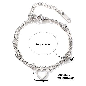 Exquisite Stainless Steel Crystal Rhinestone 2-Strand Sweetheart Link Women's Bracelets, Stainless Steel Color, 5-7/8 inch(15cm)