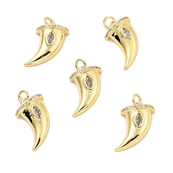 Brass Micro Pave Cubic Zirconia Pendants, with Jump Ring, Real 18K Gold Plated, Long-Lasting Plated, Lead Free & Cadmium Free & Nickel Free, Horn, Clear, 18x12x5mm, Jump Ring: 5x1mm, 3mm Inner Diameter