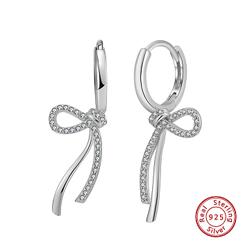 925 Sterling Silver Micro Pave Clear Cubic Zirconia Hoop Earrings, Bowknot, Real Platinum Plated, 31x11mm