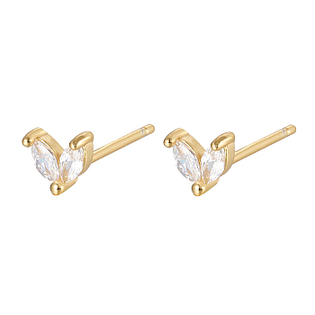 Golden 925 Sterling Silver Micro Pave Cubic Zirconia Stud Earrings, Leaf, Clear, 5.5mm