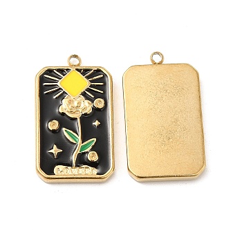 Vacuum Plating 201 Stainless Steel Enamel Pendants, Real 18K Gold Plated, Rectangle with Rose Charm, Black, 22.5x13x2.5mm, Hole: 1.2mm