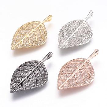 Brass Micro Pave Cubic Zirconia Pendants, Leaf, Mixed Color, 41.5x23x5mm, Hole: 2x4mm