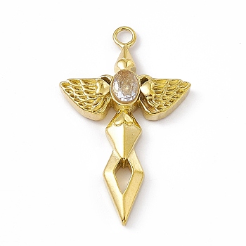 Vacuum Plating 201 Stainless Steel Pendants, with Rhinestone, Real 18K Gold Plated, Sword with Wing Charms, Crystal, 44.5x27x6mm, Hole: 3mm