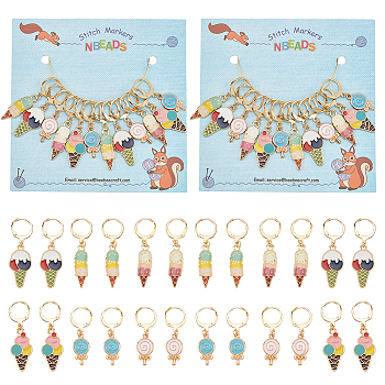 12Pcs 6 Style Alloy Enamel Lollipop Ice Cream Charm Locking Stitch Marker, with 304 Stainless Steel Leverback Earring Findings, Plastic Ear Nuts, Mixed Color, 34~40mm, Pin: 1x0.8mm, 2Pcs/style