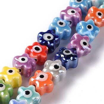 Handmade Porcelain Ceramic Beads Strands, Famille Rose Style, Star with Evil Eye, Colorful, 10.5x11x8mm, Hole: 3mm, about 32pcs/strand, 11.89~12.13 inch(30.2~30.8cm)