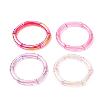 4Pcs 4 Color Acrylic Curved Tube Stretch Bracelets Set for Women, Camellia, Inner Diameter: 2-1/8 inch(5.3cm)
