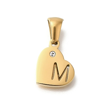 304 Stainless Steel Heart Pendants with Rhinestone, Golden, Letter M, 11x13x2.5mm, Hole: 5x3mm