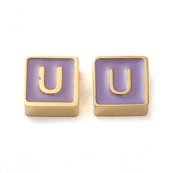 304 Stainless Steel Enamel Beads, Real 14K Gold Plated, Square with Letter, Letter U, 8x8x4mm, Hole: 2mm