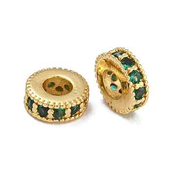 Rack Plating Brass Micro Pave Cubic Zirconia Beads, Lead Free & Cadmium Free, Long-Lasting Plated, Real 18K Gold Plated, Round, Dark Green, 6x2.5mm, Hole: 2.5mm