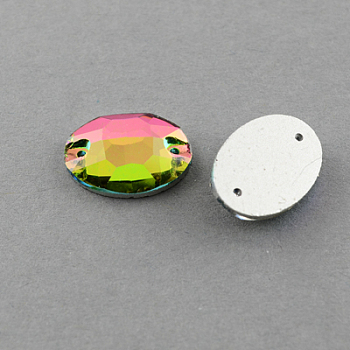 Sew on Rhinestone, Electroplate Glass Rhinestone, Two Holes, Garments Accessories, Faceted, Oval, Colorful, 18x13x5mm, Hole: 1mm