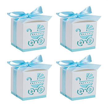 Hollow Stroller BB Car Carriage Candy Box wedding party gifts with Ribbons, Aqua, 6x6x6cm