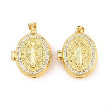 Religion Brass Locket Pendants, Cadmium Free & Lead Free, Real 18K Gold Plated, Rack Plating, Long-Lasting Plated, Oval with Saint Charms, Real 18K Gold Plated, 27x21x8mm, Hole: 3x5mm