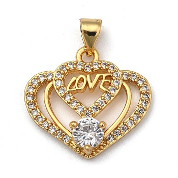 Brass Micro Pave Clear Cubic Zirconia Pendants, Long-Lasting Plated, with Snap on Bails, for Valentine's Day, Heart with Word Love, Real 18K Gold Plated, 19x21x5mm, Hole: 3.5x4mm