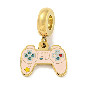 Ion Plating(IP) 304 Stainless Steel Enamel European Dangle Charms, Game Controller Large Hole Pendants, Pink, 21.5mm, Hole: 4.5mm, Pendant: 10.5x14x1.5mm