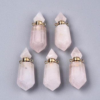 Faceted Natural Rose Quartz Pendants, Openable Perfume Bottle, with Golden Tone Brass Findings, Hexagon, 40~41.5x15x13.5mm, Hole: 1.8mm, Bottle Capacity: 1ml(0.034 fl. oz)