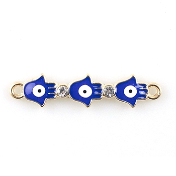 Alloy Evil Eye Enamel Connector Charms, with Crystal Rhinestone, Triple Hamsa Hand Links, Golden, Medium Blue, 8x34mm