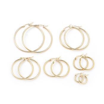 304 Stainless Steel Hoop Earrings Sets, Ring, Golden, 12 Gauge, 15~50x2mm, Pin: 1x0.7mm, 6pair/set
