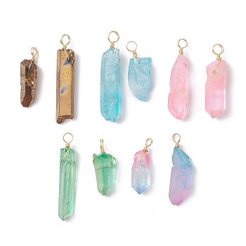 Electroplated Natural Quartz Crystal Pendants, Nuggets Charms with Eco-Friendly Copper Wire, Dyed, Light Gold, 25~38x7~10x4.5~8mm, Hole: 3.5~4.5mm