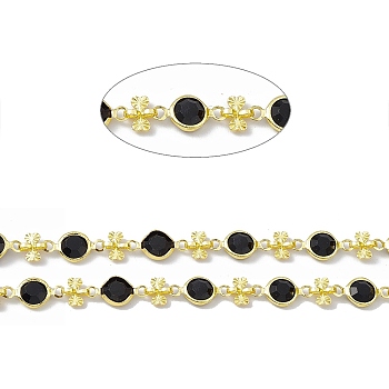 Handmade Brass Flat Round & Heart Link Chains, with Black Glass Beaded, Soldered, with Spool, Real 18K Gold Plated, 6.5x13x2.5mm, 6.5x12.5x2mm, 6.5x5.5x2mm