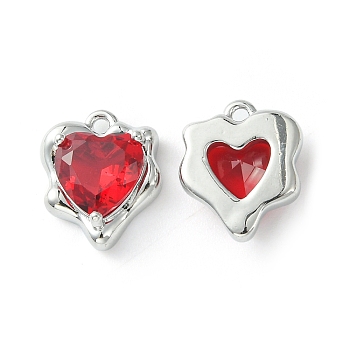Brass Micro Pave Cubic Zirconia Charms, Heart Charm, Real Platinum Plated, Red, 13x11x4.5mm, Hole: 1.2mm