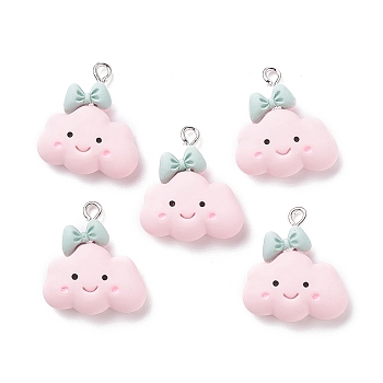 Opaque Resin Pendants, with Platinum Tone Iron Loops, Smiling Cloud with Bowknot, Pearl Pink, 24.5x22x7.5mm, Hole: 2mm
