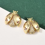 Brass Micro Pave Cubic Zirconia Stud Earrings, Rack Plating, Long-Lasting Plated, Cadmium Free & Lead Free, Real 18K Gold Plated, Ladybug, 19x18mm(EJEW-F400-03C-G)