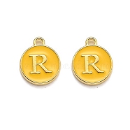 Golden Plated Alloy Enamel Charms, Enamelled Sequins, Flat Round with Alphabet, Letter.R, Yellow, 14x12x2mm, Hole: 1.5mm(ENAM-Q437-13R)