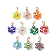 10Pcs 10 Colors Transparent Glass Beaded Pendants, with Real 18K Gold Plated Wire Wrapped Findings, Flower Charms, Mixed Color, 16~17x11~11.5x4mm, Hole: 3mm, 1Pc/color(PALLOY-JF02581-02)