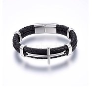 Leather Cord Bracelets, with 304 Stainless Steel Magnetic Clasp, Cross, Stainless Steel Color, 8-5/8 inches(22cm); 12~22x6~8.5mm(BJEW-G603-09P)