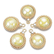 Porcelain Pendants, with Light Gold Plated Brass Findings and Crystal Rhinestone, Half Round, Light Yellow, 23x17x5mm, Hole: 1.8mm(KK-N235-039E)