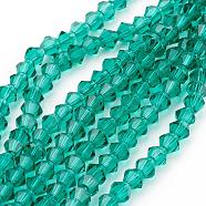 Dark Cyan Glass Bicone Beads Strands, Faceted, 4x4mm, Hole: 1mm, about 88~89pcs/strand, 12.99~13.39 inch(X-GLAA-S026-08)