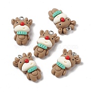 Christmas Theme Opaque Resin Pendants, with Platinum Tone Iron Findings, Reindeer/Stag, Tan, 26x17x8mm, Hole: 2mm(FIND-E025-22)