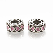 Alloy European Beads, Large Hole Beads, with Enamel, Flat Round with Heart, Antique Silver, Pearl Pink, 11.5x5mm, Hole: 5mm(MPDL-S066-028C)