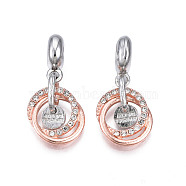Rack Plating Alloy European Dangle Charms, with Rhinestone, Large Hole Beads, Cadmium Free & Lead Free, Flat Round with Ring, Silver & Rose Gold, Crystal, 27mm, Hole: 5mm, Charm: 6x1.5mm(MPDL-N039-212)