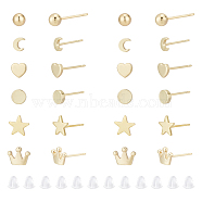 12 Pairs 6 Style Tiny Ball & Crown & Heart & Moon & Star Brass Stud Earrings for Women, Real 18K Gold Plated, 5~13.5x4~8mm, Pin: 0.8~0.9mm, 2 Pairs/style(KK-GA0001-50)