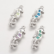 Brass Links connectors, with Synthetic Opal and Cubic Zirconia, Sea Horse, Platinum, Mixed Color, 19.5x6x2mm, Hole: 1mm(KK-I613-21P)