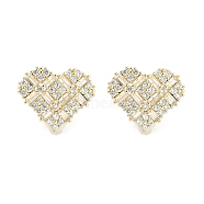 Rack Plating Brass Micro Pave Clear Cubic Zirconia Stud Earrings for Women, Cadmium Free & Lead Free, Long-Lasting Plated, Heart, Real 18K Gold Plated, 14.5x17mm(EJEW-M260-12G)