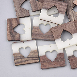 Resin & Walnut Wood Pendants, Square with Heart, Creamy White, 38x38x4mm, Hole: 1.5mm(RESI-S358-01)