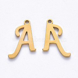 Vacuum Plating 201 Stainless Steel Charms, Laser Cut, Golden, Letter.A, 12x9x1mm, Hole: 1.0mm(STAS-R105-A-G)